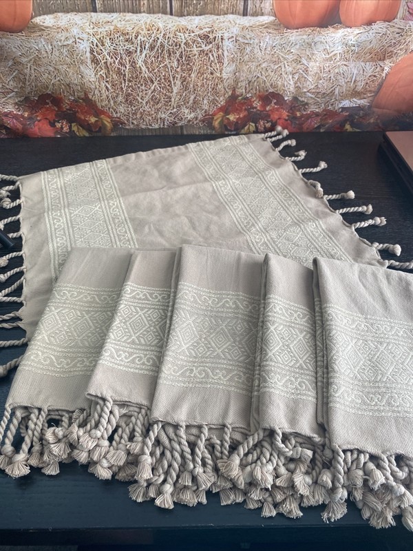Pottery Barn Set Of 6 Boho Cotton Embroidered Rope Fringe Napkins