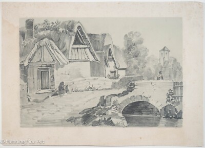 Beautiful Antique English Pencil Drawing of Thatched Roof Village Arch Bridge