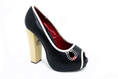 T.U.K. A7949L TUK Platform Heel Peep Toe Pump Black / White Rockabilly