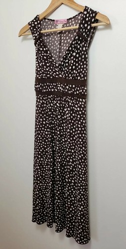 Vintage Dress Brown White Dot Medium Empire V Neck Flowy Tank 90s Y2K 2000 Aline - Picture 3 of 12
