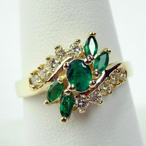 Vintage 2CT Emerald & Diamond Simulated Wedding Ring 14k Yellow Gold Over Silver - Picture 6 of 12