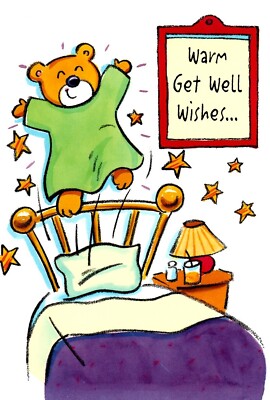 Get Well Soon Wishes  Brown Teddy Bear Jumping ON The Bed Greeting Card