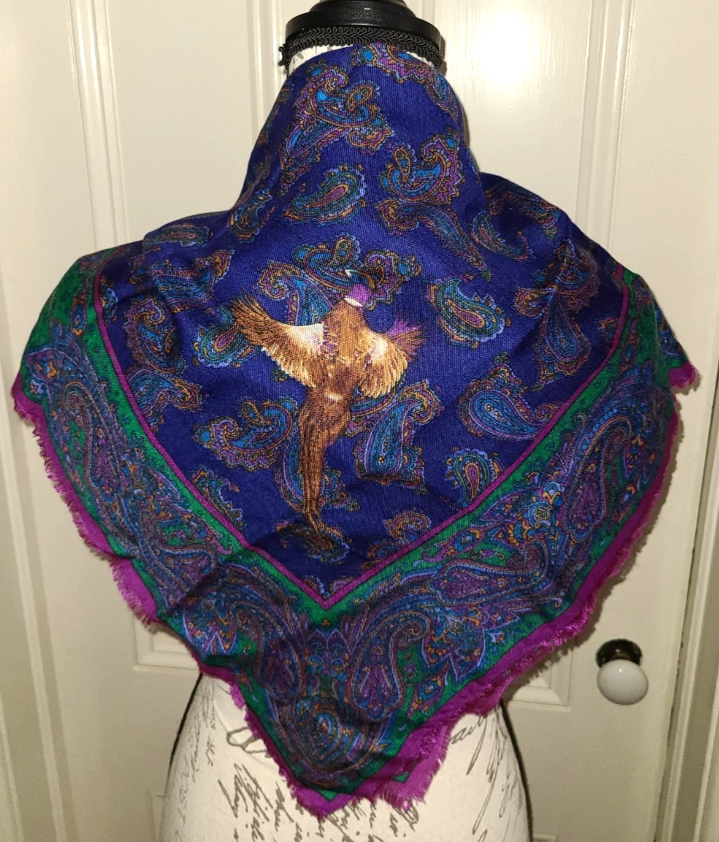 Vtg Challis by Berkshire square scarf, blue purple & green paisley w pheasants