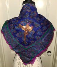 Vtg Challis by Berkshire square scarf, blue purple  green paisley w pheasants