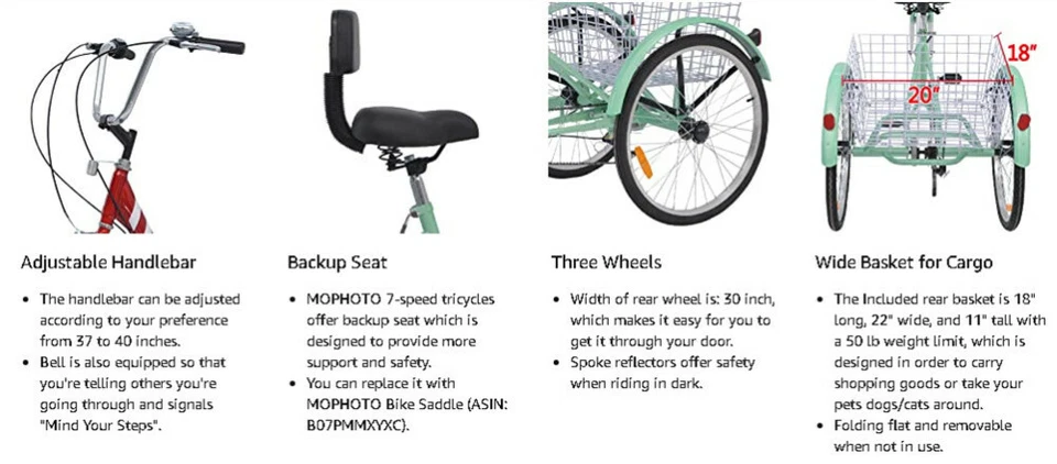 Triciclo para adultos Bicicleta de 3 ruedas Bicicleta de crucero para adultos Ruedas de 24/26 pulgadas Triciclos de 7 velocidades Foto 4 de 4