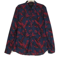 G by Guess Hawaiian Shirt Mens XXL Blue-Red Button Up Long Sleeve Floral