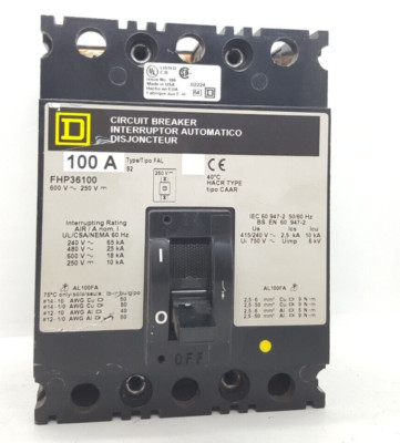 SQUARE D FHP36100 100 AMPS 3POLIGER SCHUTZSCHALTER 600V 250V / GETESTET OK