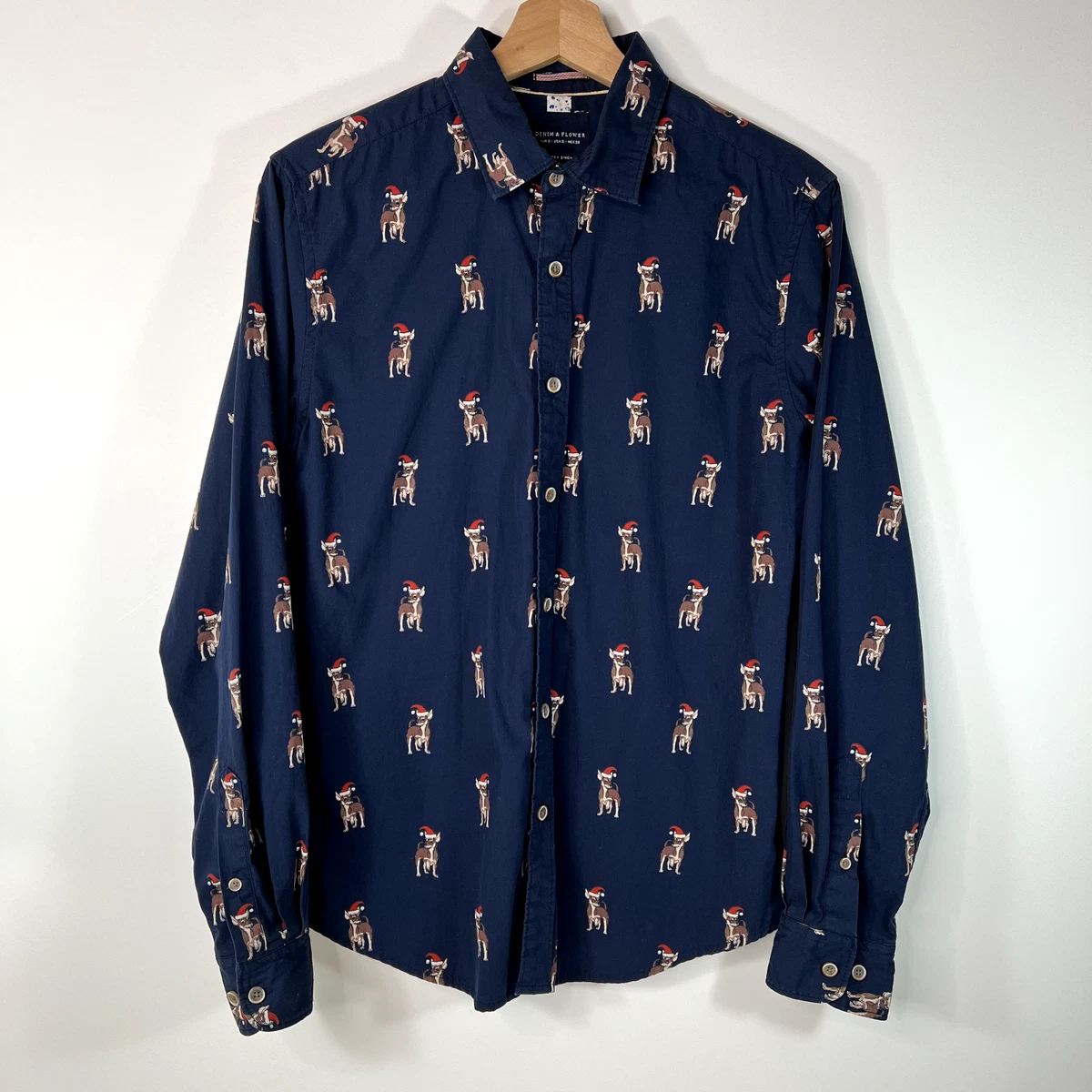 Denim Flower Ricky Singh Button Down Shirt Happy Holidays Dogs Men s Small S