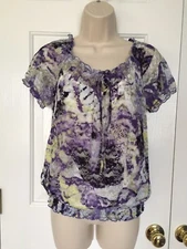 Women's AB Studio Lined Pansy Floral Lace Knit Stretch Blouse Top Size Petite S