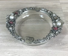 Vintage FLORENZA Small Jeweled Rhinestones Pearls Flowers Glass Ashtray