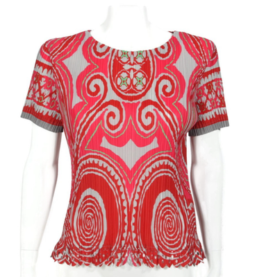ISSEY MIYAKE FETE シャツ ISSEY MIYAKE FETE Swirling Red Gray Pleated Short Sleeve Top