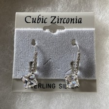 Earrings Cubic Zirconia Sterling Silver Drop Dangle Princess Cut Stone MSRP 45