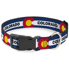 Plastic Clip Collar COLORADO Text Flag Blue/White/Red/Yellow WIDE-Large 20-31"