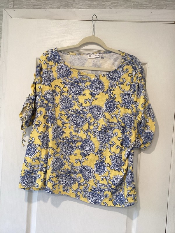 Rafaella Yellow Blue Floral Round Neck Ruched  Blouse Plus 2X EUC