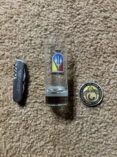 Military Training Site Souvenirs. Fort Polk Shot Glass, Lackland Coin, Knife