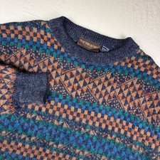 Bachrachs Geometric Knit Crewneck Sweater Mens XL Blue Orange Pattern 0048
