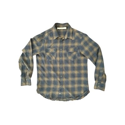 IRO Sambo Linen Blend Shirt Men's Sz. L Blue Plaid Western Snap Raw Hem EUC