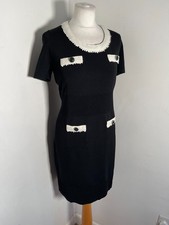 Leo Guy knit shift tweed trim dress Size 4 UK 12 14 VGC black white jewelled