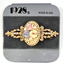 1928 Gold Tone Roses & Pearls Bar Pin Brooch Made in USA