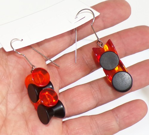 Sobral Cilindros Clear Orange &Opaque Black Hourglass Beads Artist Made Earrings - Picture 3 of 5