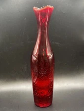 Blenko 64B Red Amberina Hand Blown Art Glass Crackle Swung Vase MCM 10” Glows