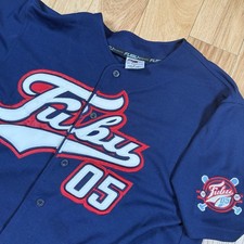 VINTAGE Fubu 05 Sports Collection Baseball Jersey Mens Large Blue Button Y2K