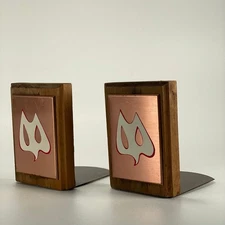 Vintage Hawaiian Bookends Tropical Tiki Wooden MCM Copper Abstract