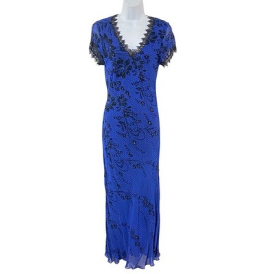 NEW vtg PARADISE NY Black Blue M Floral Bias Beaded Maxi Dress Whimsigoth Fairy