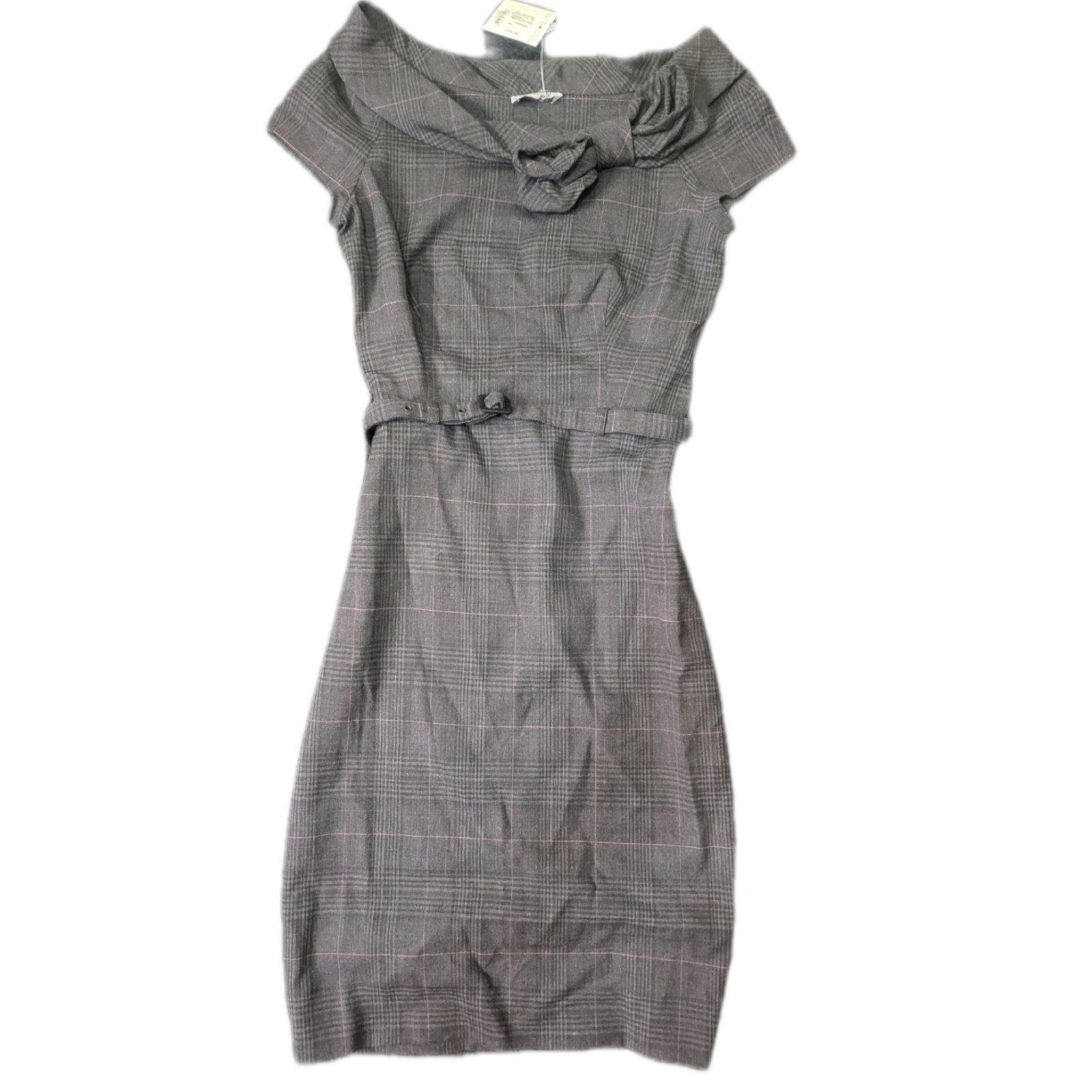 Nwt Moschino Luxury Plaid Pencil Dress With Belt Waist And Bow Neck Design