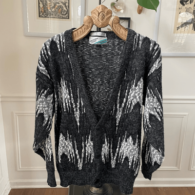 Vintage 80s 90s Black Grey White Abstract Cardigan Sweater M Vintage 80s 90s Black Grey White Abstract Cardigan Sweater M