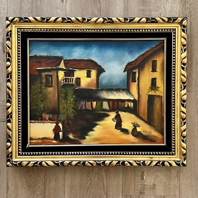 E. Dagnin Original Oil Painting, Mexico Village, Gold Coating Wood Frame