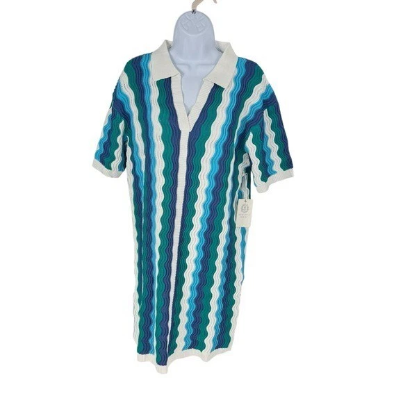 NUEVO Mini Vestido Tejido Costero Azul Blanco Azul Sammie Ondulado Aqua House Talla XL Foto 4 de 4