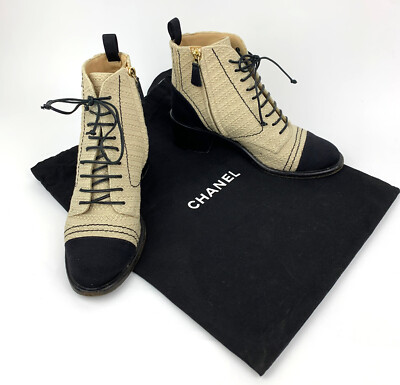 CHANEL CC Grosgrain Toe Woven Raffia Look Black/Beige Boots Sz 36 Made in Italy