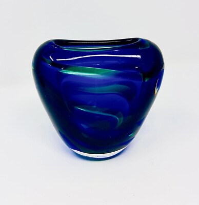 Vintage Floris Meydam Leerdam Art Glass Vase Mid Century Blue Green Clear Signed