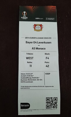 USED MATCH TICKET BAYER 04 LEVERKUSEN v AS MONACO UEFA EUROPA LEAGUE 2022/2023