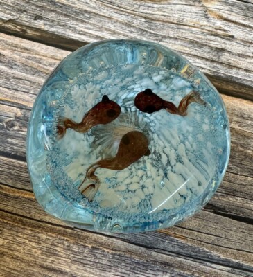 Timothy E Landers Signed Paperweight Blue Bubbles 3 Brown Tadpoles Frog Babies