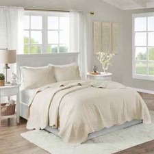 NEW COZY CLASSIC COTTAGE IVORY WHITE SCALLOP CREAM ELEGANT COUNTRY QUILT SET