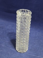 Vintage Clear Glass Cylinder Bud Vase 7" Diamond Point Geometric Textured Heavy