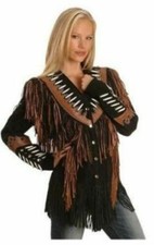 Women Western Wear Cowgirl Suede Leather Fringe Jacket Bones Cognac Trim Lj19