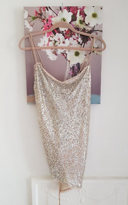 Zara Pailletten Drapiert Rückenfrei Top, UK Größe M 10-12 Neu Nude & Silber
