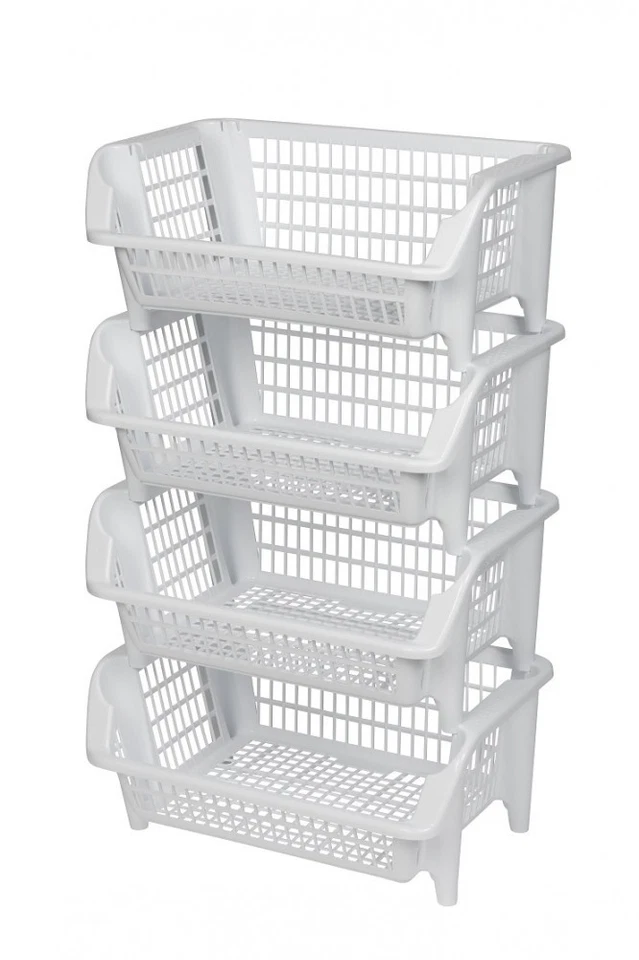 4 x Küchenkorb Stapelkorb Gemüsekiste Stapelkasten Stapelbox Küchenregal Weiß