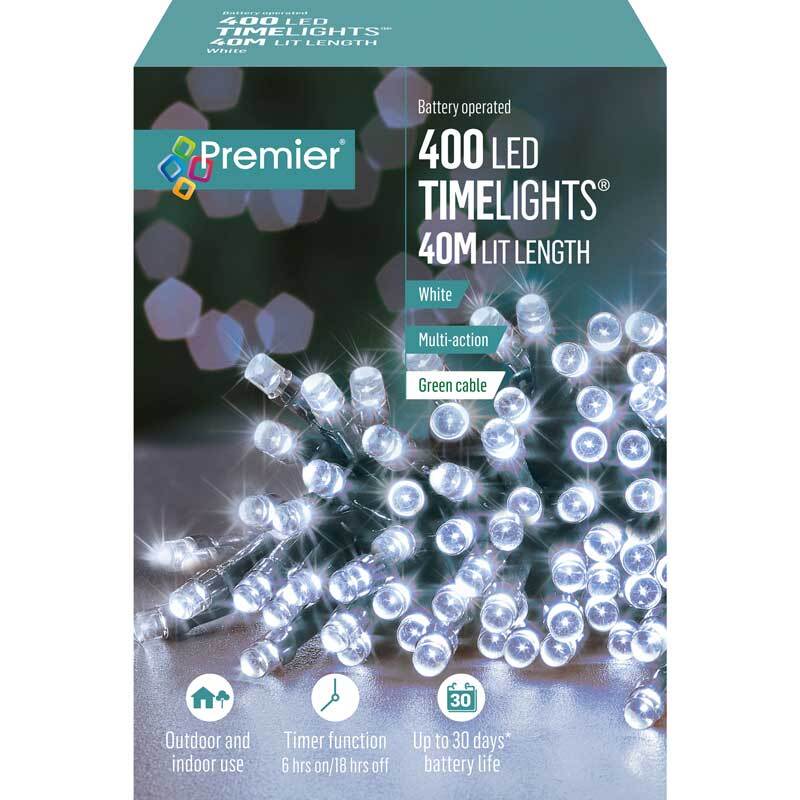 Premier 400 LED Battery Operated Multi-Action Christmas Tree Lights Timer WHITE