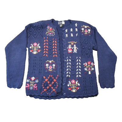 Beldoch Popper Embroidered Cardigan Womens M Navy Button Up Cottagecore Grandma