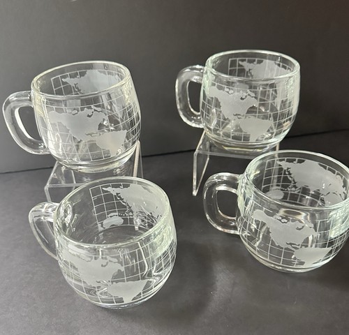 Vintage 1970s Set of 4 Nestle World Map Globe Etched Clear Glass Coffee Tea Mugs