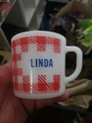 Vintage Westfield Glass Linda Milk Glass Name Mug 8 oz Red Gingham 1960s