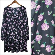 Boohoo Wrap Top Dress Plus Size 18 Party Floral Black Pink Rose Knee Length
