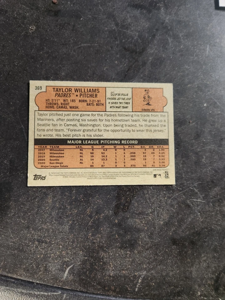 2021 Topps Heritage - Taylor Williams #369 Red Border - Image 2 of 2