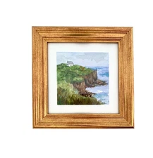 Painting House on Cliff Signed Watercolor Coastal Nautical Miniature Decor Art