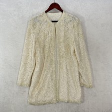 Beaded Lace Coat Womens M Cream Pearl Embroidered Wedding Long Blazer Formal
