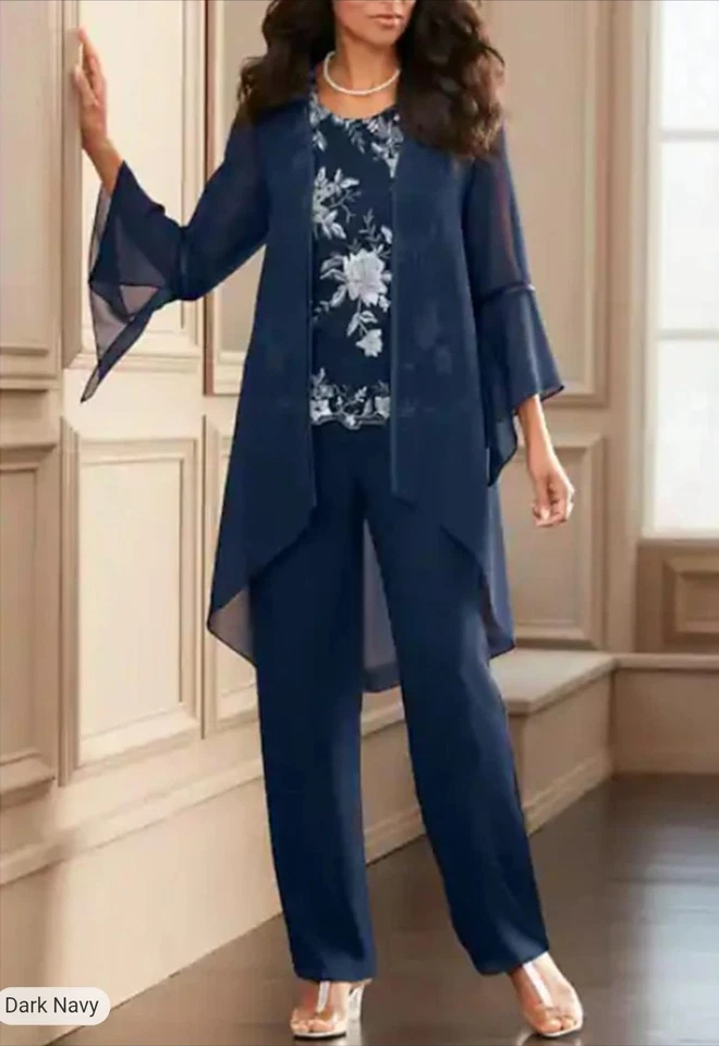 Conjunto de 3 Calças Bordadas Marinha Formal Mãe da Noiva Veludo Meia-Noite - Imagem 2 de 4